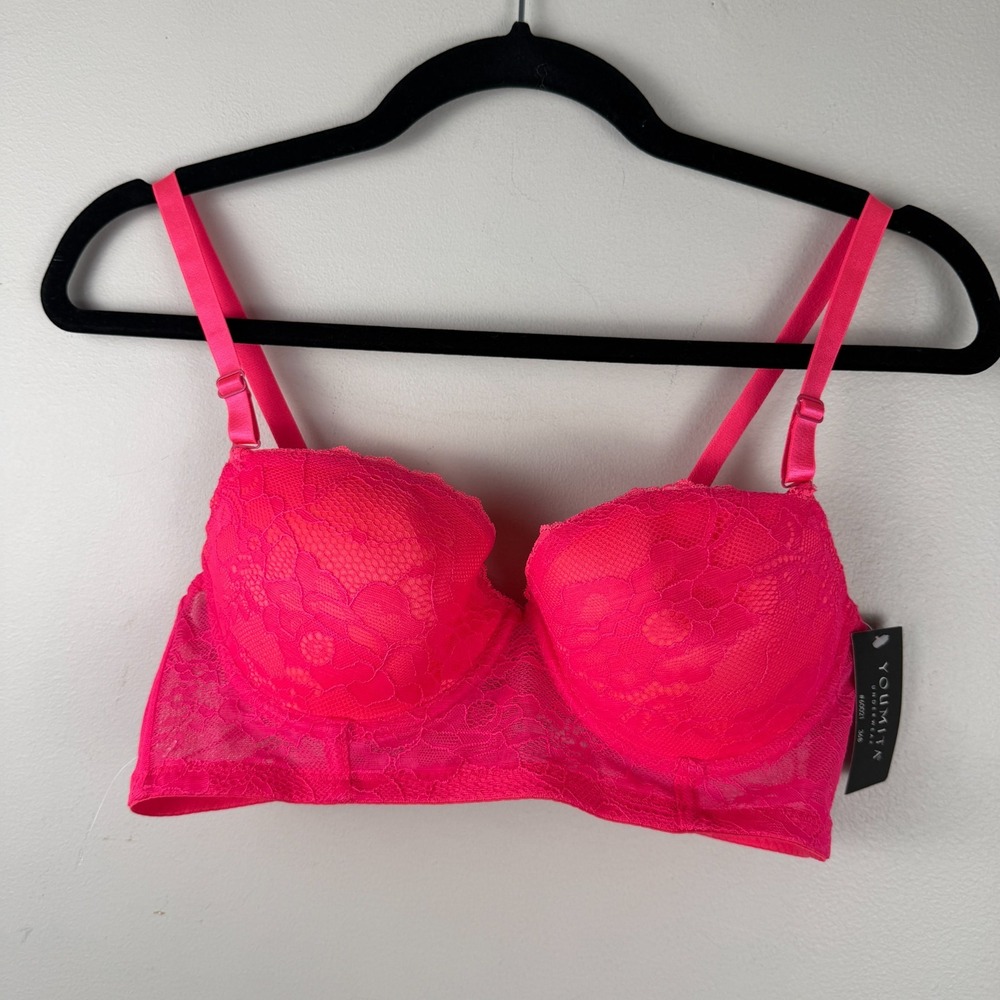 Youmita Lace Light Padded Underwire Bra Women 36B Pink Full Coverage Support